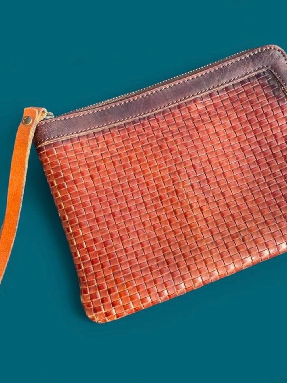 Woven Leather Wristlet Clutch in Burnt Orange